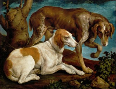 To jakthunder bundet til en trestubbe av Jacopo Bassano