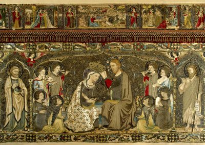 Jomfruens kroning mellom åtte engler og fjorten hellige (kirkelig broderi) av Cambi, Jacopo (aktiv ca 1336) av Jacopo Cambi
