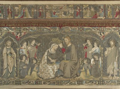 Jomfruens kroning mellom åtte engler og fjorten hellige Kirkelig broderi, 1 av Jacopo Cambi