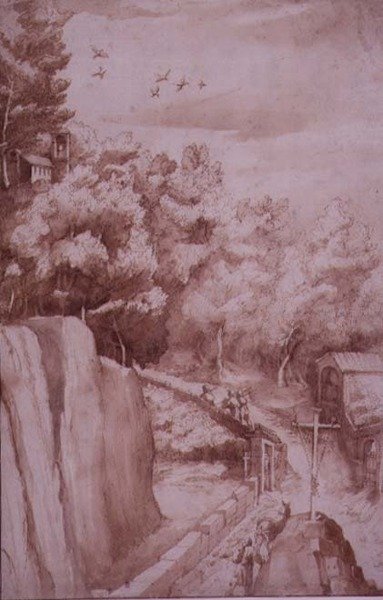 PD.52-1997 Utsikt over klosteret La Verna, veien som fører til klosteret, ca. 1607-12 (vask, penn og blekk på papir) av Jacopo Ligozzi