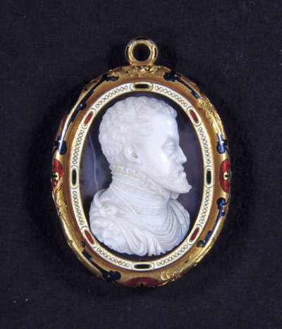 Portrett av kong Filip II av Spania (1527-1598). Medaljong i kalsedon av Jacopo Nizzola da Trezzo