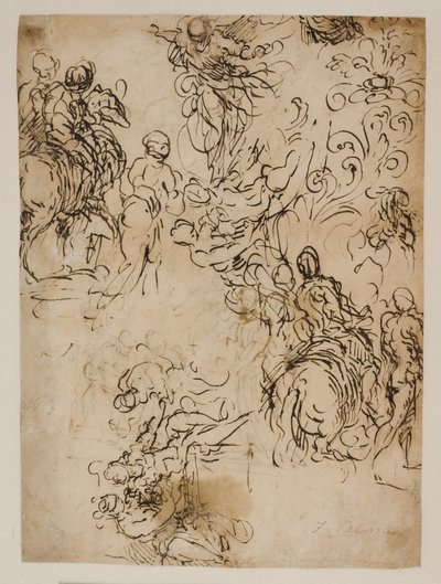 Skisser for Kristus som svever i luften, ryttere, et sittende par og en blomsterpynt av Jacopo Palma