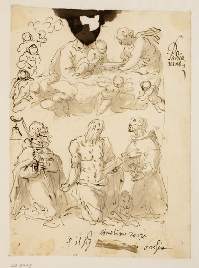 Sts Antony, Jerome og Bernardino knelende, med jomfruen og spedbarnet Kristus omgitt av barneengler bortenfor av Jacopo Palma
