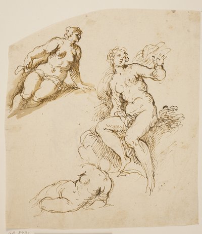 Studier for en sittende og to nedbøyde kvinner av Jacopo Palma