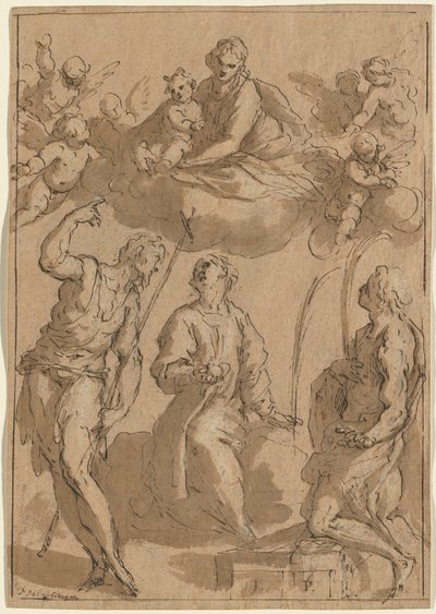 Madonna og barn i herlighet med de hellige døperen Johannes, Stephen og Lawrence av Jacopo Palma il Giovane