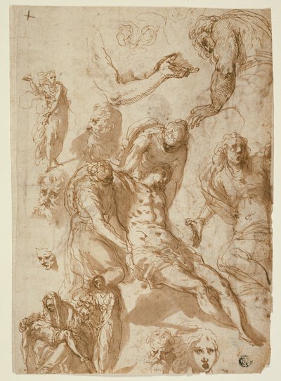 Skisser for en klagesang og en Pietà, og av forskjellige figurer, hoder og en arm (recto); Skisser av den døde Kristus, og av forskjellige figurer og hoder (verso) av Jacopo Palma il Giovane