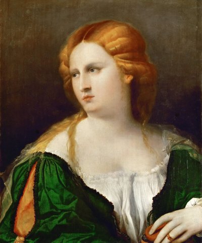 Ung kvinne i en grønn kjole, en boks i hånden, ca 1514 av Jacopo Palma il Vecchio the Elder