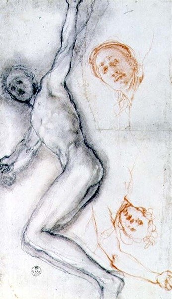 Studie av Kristus spikret til korset, hodet øvd to ganger (svart og rødt kritt) av Jacopo Pontormo