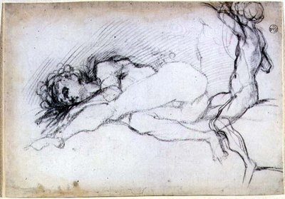 Studie av sittende og utsatte figurer for en lunette i salongen på Villa Medici i Poggio a Caiano (kritt) av Jacopo Pontormo