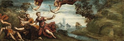 Apollo og Artemis dreper barna til Niobe, ca. 1545-48 (olje på panel) av Jacopo Robusti (workshop of) Tintoretto