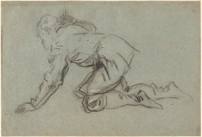 En knelende mann som holder en stav, ca. 1554-56 (kull på blått papir) av Jacopo Robusti Tintoretto