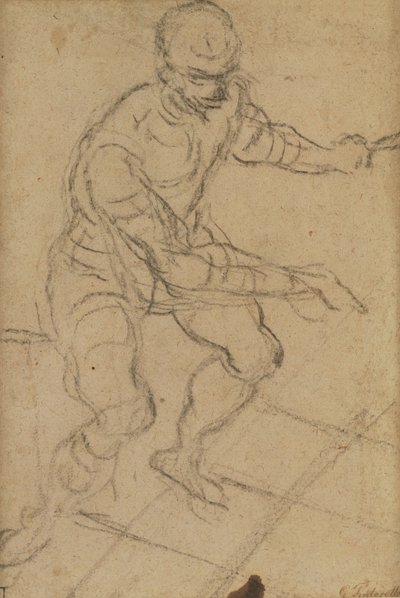 Sittende mann sett ovenfra (svart kritt på papir) (recto) (se 160813 for verso) av Jacopo Robusti Tintoretto