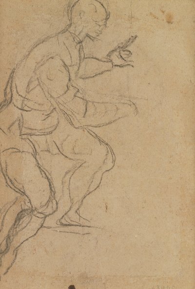 Sittende mann sett nedenfra (svart kritt på papir) (verso) (se 160812 for recto) av Jacopo Robusti Tintoretto