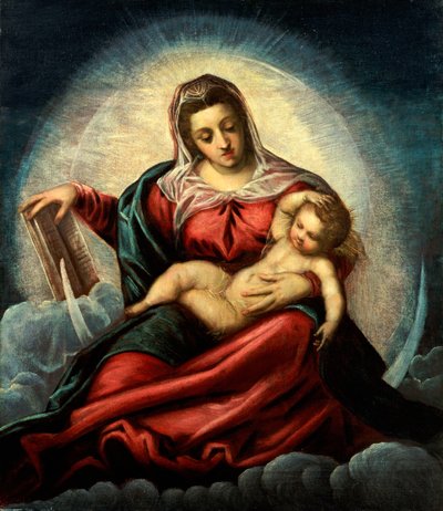 Madonnaen og barnet i en mandorla på en halvmåne og skyer, med visdomsboken av Jacopo Robusti Tintoretto