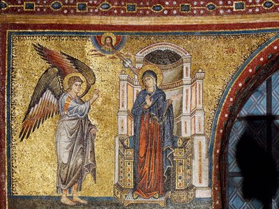 Bebudelse, detalj av Jomfru Marias kroning og Marias historier, av Jacopo Torriti, mosaikk i apsidalbasseng, Basilica di Santa Maria Maggiore, Roma, Italia av Jacopo Torriti