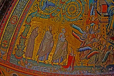 St. Frans, St. Paul, St. Peter, pave Nicholas IV og engler som deltar i Jomfruens kroning, apsis, mosaikk ca. 1290 av Jacopo Torriti
