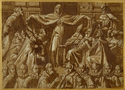 Madonna della Misericordia med Sts. Francis og Dominic, med andre helgener og herskere og en familie av givere (penn og brunt blekk med vask og hvit kroppsfarge på papir) av Jacopo Zucchi