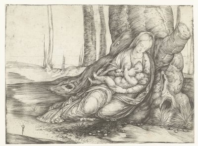Mary med barn ved brystet sitter foran foten av et tre av Jacopo de