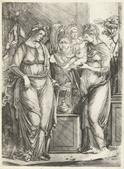 Fire kvinner ofrer gutt foran Priapus-statuen av Jacopo de