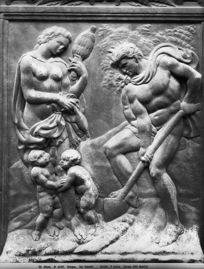 Adam og Eva tvunget til å jobbe, panel fra Porta Magna, ca. 1430 (marmor) av Jacopo della Quercia