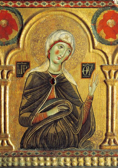 Mariafigur, fra Forløser med Madonna og tre hellige, av Meliore Toscano eller Meliore di Jacopo (ca. 1255-1285), tempera og gull på panel, 85x210 cm av Jacopo di Meliore