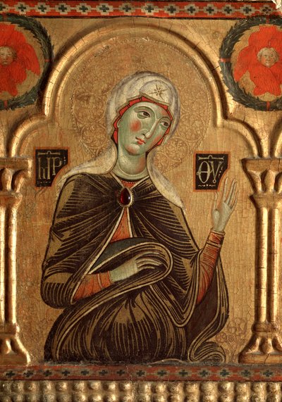 Polyptyk med forløser og helgener: Detalj av Jomfru Maria -olje på panel av Jacopo di Meliore