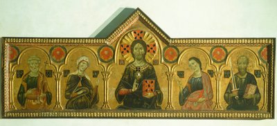 Forløseren med Madonna og tre hellige, av Meliore Toscano eller Meliore di Jacopo (ca 1255-1285), tempera og gull på panel, 85x210 cm, detalj av Jacopo di Meliore