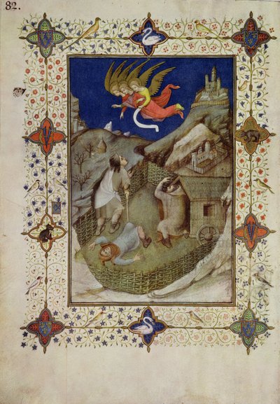 MS 11060-11061 Hours of Notre Dame: Tierce, Englene som viser seg for gjeterne, fra 'Tres Riches Heures du Duc de Berry' av Jacquemart de Hesdin