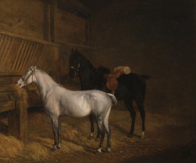 En grå ponni og en svart lader i en stall av Jacques-Laurent Agasse