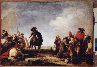 ""Etter slaget"" (Etter slaget) En gruppe munker passerer blant de sårede for å velsigne dem. Maleri av Jacques Courtois (1621-1696) Hermitage-museet fra 1600-tallet, St. Petersburg (Sankt-Petersburg) av Jacques Courtois