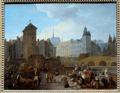 Fransk revolusjon: "" Utsikt over broen og pumpen Notre-Dame i Paris"" Pumpen matet flere parisiske fontener, scener av dagliglivet, av handelsmenn, ambulansepassasjerer som bar en såret, soldater som løp bort. Maleri av Jacques Albert Senave (1755-1 av Jacques Albert Senave