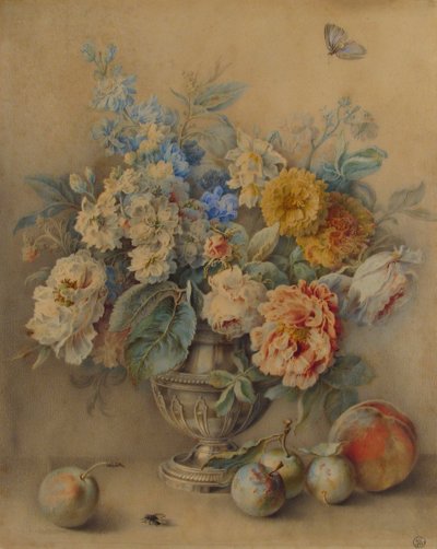 Blomster i en sølvkaster, Frukt i forgrunnen, 1700-tallet. av Jacques André Portail