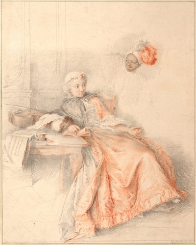 Ung dame som leser og en side av Jacques André Portail