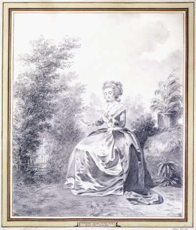 Portrett av Elisabeth Louise Vigee-Lebrun som leser et brev sittende i hagen (svart kritt) av Jacques Antoine Marie Lemoine