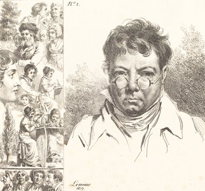 Selvportrett og andre hoder, 1819 (litografi) av Jacques Antoine Marie Lemoine