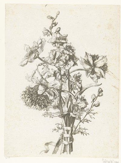 Bukett med anemoner, en hyasint og delphiniums Diverse Fleurs mises en Boucquets (serietittel) av Jacques Bailly (I)