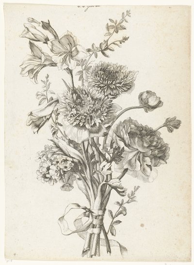 Bukett med anemoner Bukett med anemoner, en peon, stilkblomster og gladioler Diverse Fleurs mises en Boucquets (serietittel) av Jacques Bailly (I)