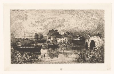 Utsikt over en landsby ved vannet med en bro til høyre og venstre av Jacques Barthélemy Appian (Adolphe)
