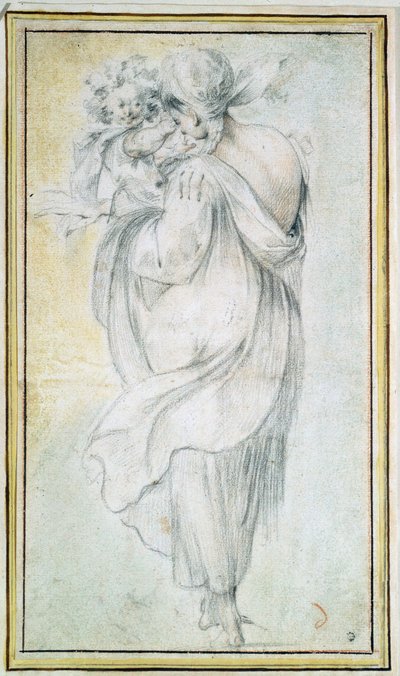 Sigøyner med et barn - Verk av Jacques Bellange (rundt 1575-1616), blod og svart og hvitt kritt på papir (30x16,5 cm), tidlig på 1600-tallet - Sigøyner med et barn, blod, svart og hvitt kritt på papir av J Bellange, tidlig på 1600-tallet - delstat H av Jacques Bellange
