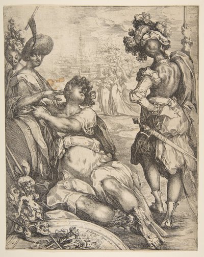 Militære skikkelser utenfor en by, 1595-1616. av Jacques Bellange