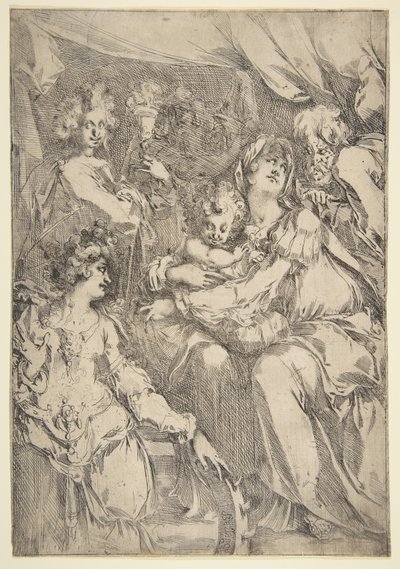 Den hellige familie med Saint Catherine, Saint John the Evangelist and an Angel, 1612-16. av Jacques Bellange