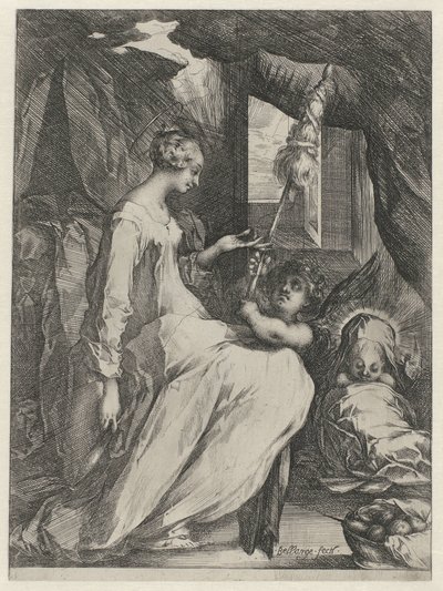 Jomfru Maria spinner med Kristusbarnet og en engel Mary med barn og en engel som holder en distaff av Jacques Bellange