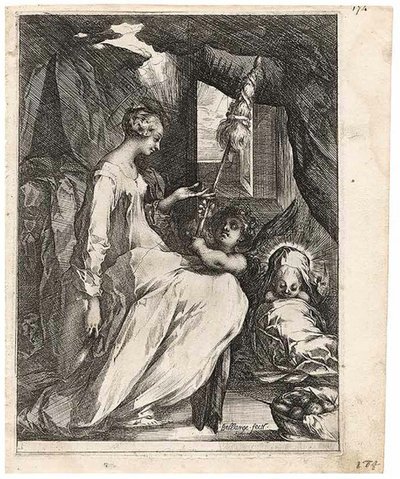 Jomfruen og barnet med distaff og en engel av Jacques Bellange