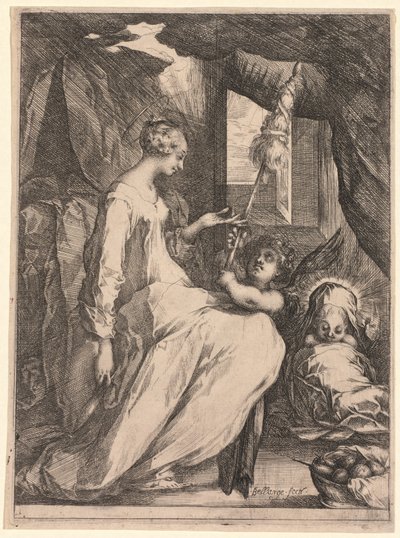 Jomfruen og barnet med distaff og en engel av Jacques Bellange