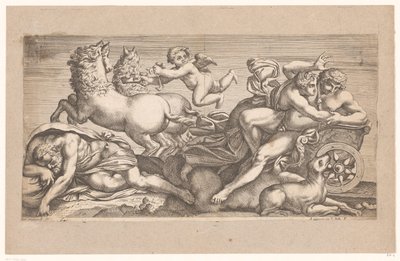 Cephalus tatt av Aurora i vognen hennes Mytologiske scener etter fresker i Palazzo Farnese i Roma (serietittel) av Jacques Belly