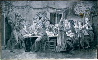 Bryllupsmiddag under revolusjonen Tegning av Jacques Bertaux (1745-1818) Paris. av Jacques Bertaux