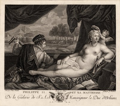 Filip II og hans elskerinne etter Titian, ca. 1780 av Jacques Bouillard