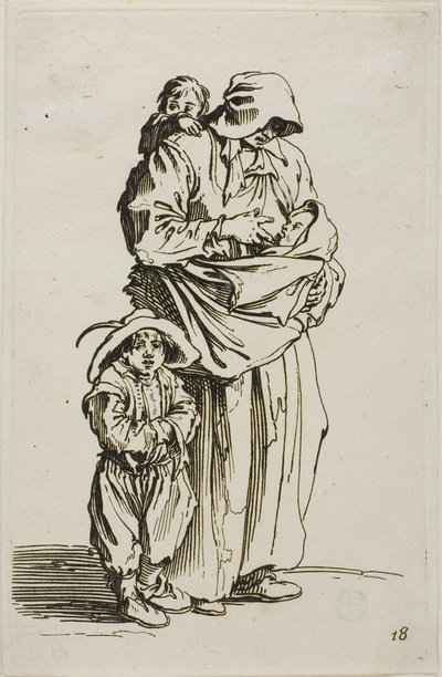 En mor med sine tre barn, tallerken 18 fra The Beggars av Jacques Callot