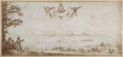 En utsikt over Toul over sletten, landskap med figurer, himmelen med armene til porseller (penn og brunt blekk på vellum) av Jacques Callot