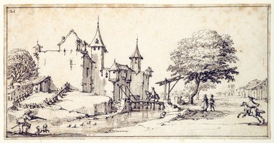 Et slott med vindebro (penn og brunt blekk på papir) av Jacques Callot